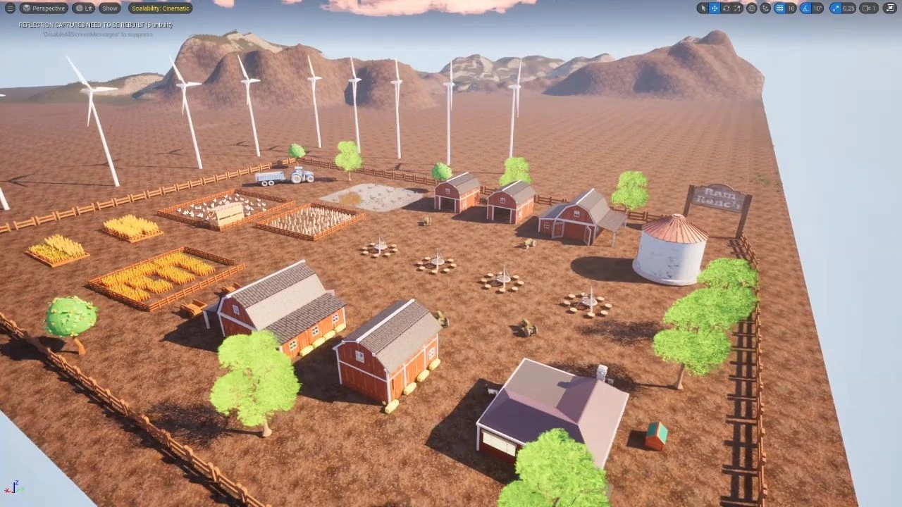 Vista aérea completa de Agroindustria con cultivos, unidades pecuarias y energía eólica